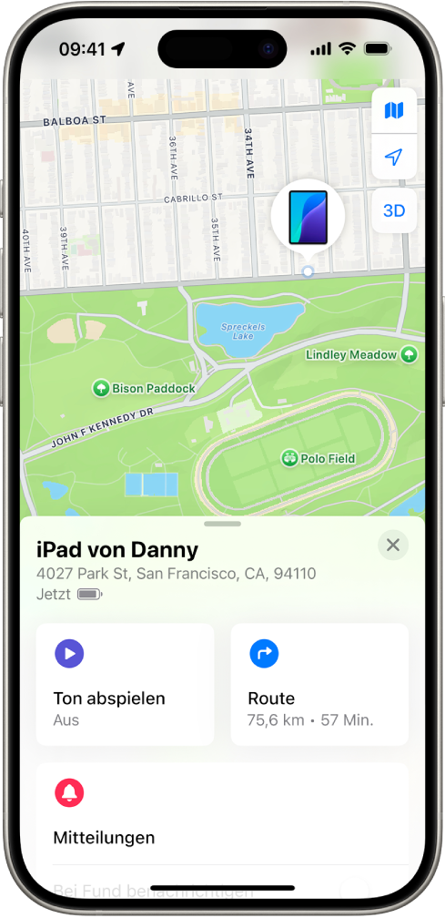 Der Bildschirm „Wo ist?“ mit der Position eines iPad auf einer Karte im oberen Bereich.