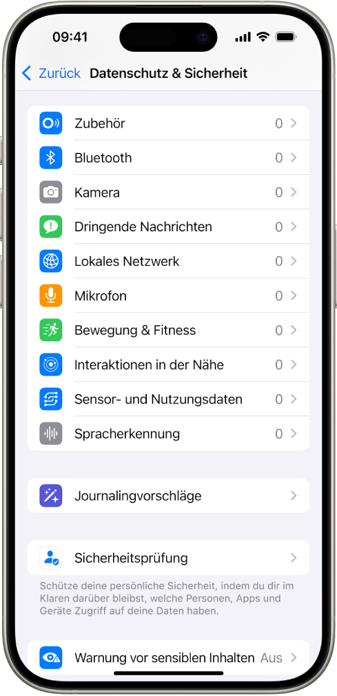 Der Bildschirm „Datenschutz & Sicherheit“ mit Einstellungen zum Steuern der Apps, die die Kamera, das Mikrofon und andere Komponenten deines iPhone verwenden dürfen.