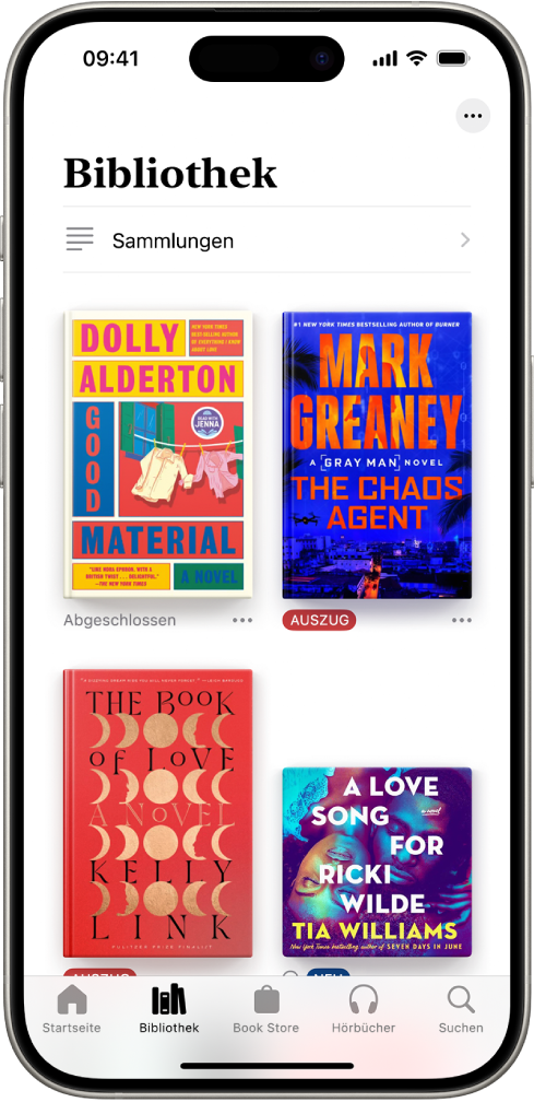 Der Bildschirm „Bibliothek“ in der App „Bücher“. Oben auf dem Bildschirm befindet sich die Taste „Sammlungen“. In der Mitte des Bildschirms werden Buchcover angezeigt. Unten auf dem Bildschirm sind von links nach rechts die Tabs „Home“, „Bibliothek“, „Book Store“, „Hörbücher“ und „Suchen“ zu sehen. Der Tab „Bibliothek“ ist ausgewählt.