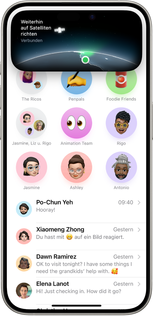 Die Aufforderung zum Verbinden mit einem Satelliten, die erscheint, wenn du die App „Nachrichten“ auf einem iPhone 14 (oder neuer) öffnest und dich außerhalb der Reichweite von Mobilfunk oder WLAN befindest.