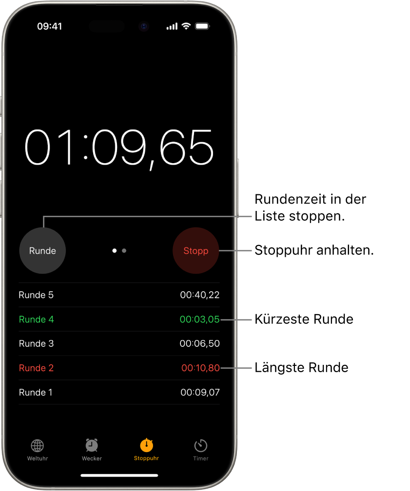 Eine Stoppuhr in der App „Uhr“ zeigt die insgesamt verstrichene Zeit für ein Ereignis an und darunter sind mehrere Runden innerhalb dieses Ereignisses aufgelistet.