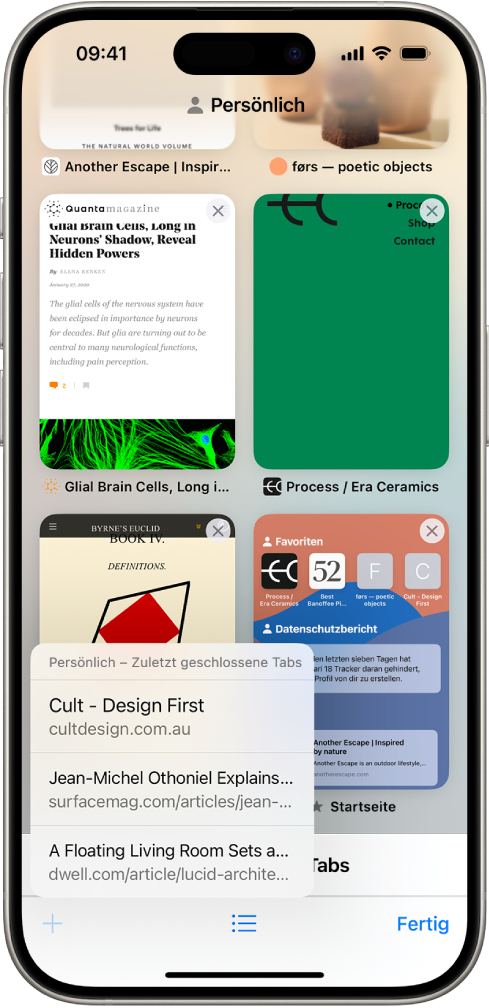 Vorschauen von geöffneten Tabs werden auf dem Bildschirm angezeigt. Unten links auf dem Bildschirm ist die Taste „Neuer Tab“ ausgewählt und eine Liste mit zuletzt geschlossenen Tabs wird angezeigt.