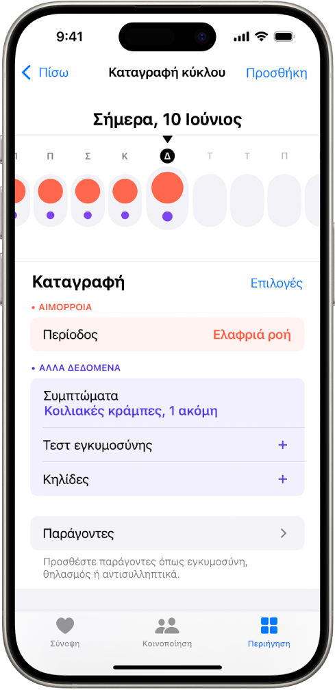 Η οθόνη Παρακολούθησης κύκλου όπου εμφανίζεται η γραμμή χρόνου για μια εβδομάδα στο πάνω μέρος της οθόνης. Οι κόκκινοι κύκλοι και οι μοβ κουκκίδες σημαίνουν τις πρώτες 5 ημέρες στη γραμμή χρόνου. Κάτω από τη γραμμή χρόνου υπάρχουν επιλογές για προσθήκη επιπλέον πληροφοριών για περιόδους, συμπτώματα, και πολλά άλλα.