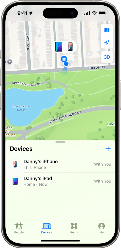 The Find My screen showing two devices at home.