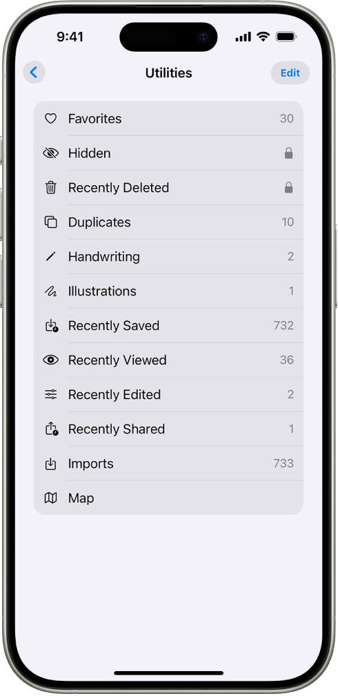 In the Photos app, the Utilities collection is open, showing a list of collections of photos.