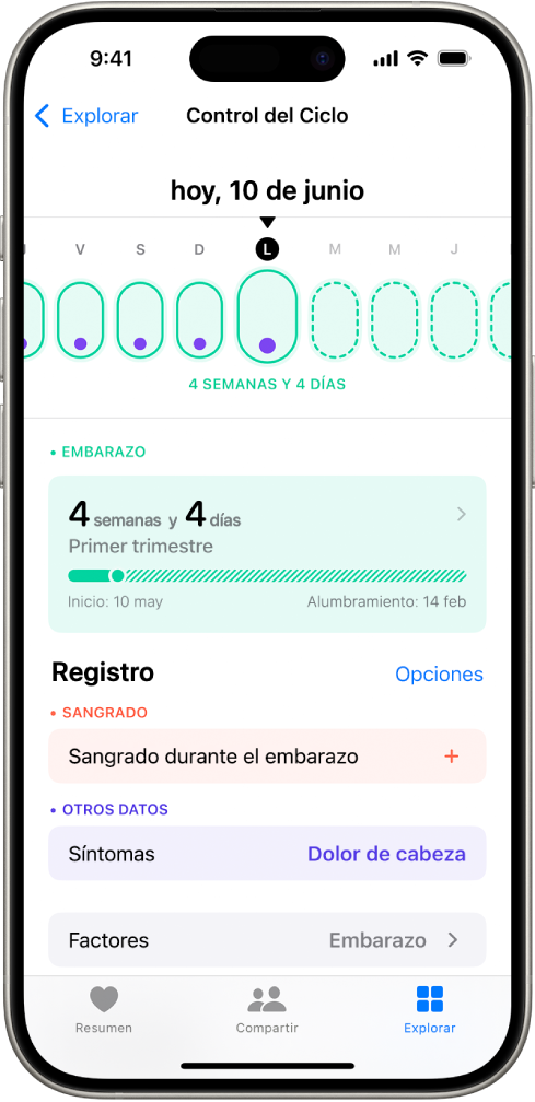 La pantalla Control del Ciclo con una línea del tiempo del embarazo de una semana en la parte superior. Los óvalos verdes claros y los puntos morados marcan los primeros 5 días en la línea de tiempo. Los óvalos discontinuos de color verdes claros marcan los demás días de la línea de tiempo. Debajo de la línea de tiempo está el resumen del embarazo, que muestra la edad gestacional, fecha de inicio y fecha probable de parto. Debajo del resumen del embarazo hay opciones para agregar información sobre sangrado durante el embarazo, síntomas y más.