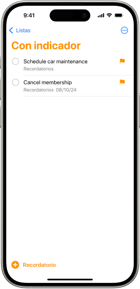 Una pantalla de Recordatorios mostrando una lista inteligente que incluye todos los elementos con indicador.