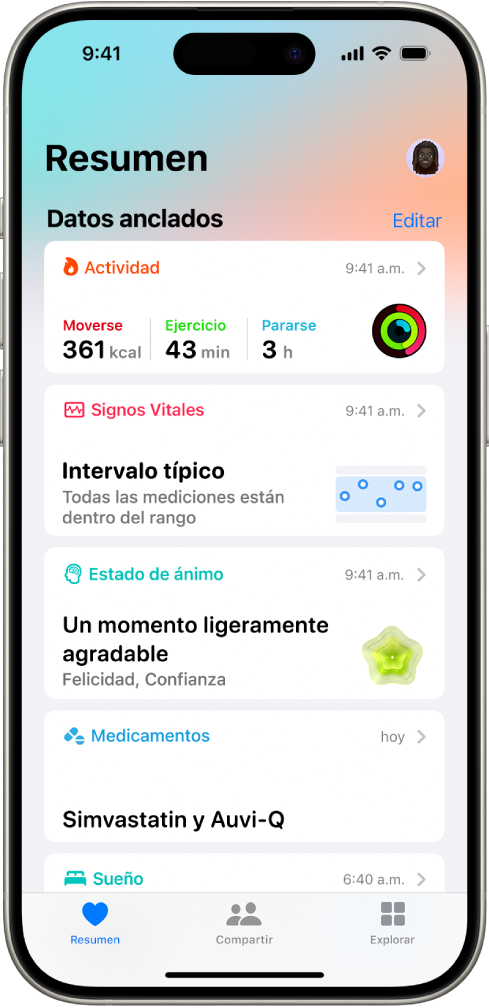 La pantalla Resumen de la app Salud. La información sobre actividad, signos vitales, estado de ánimo y medicamentos aparece debajo de Destacado.