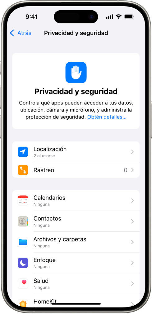 La pantalla Privacidad y seguridad en Configuración.