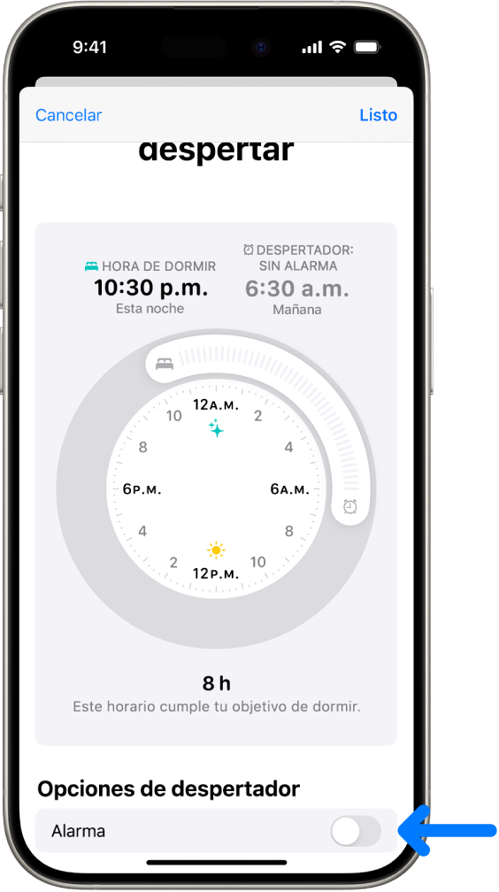 La pantalla Sólo siguiente despertar en la app Salud con la opción Alarma desactivada en la parte inferior.