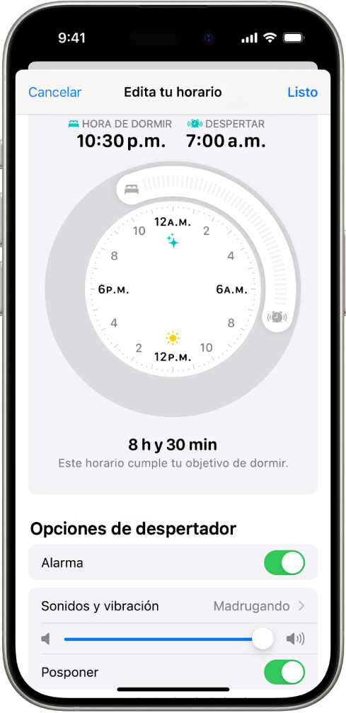 La pantalla Edita tu horario en Salud, con el reloj Hora de dormir y Despertador en la parte superior de la pantalla, y opciones de despertador en la parte inferior.