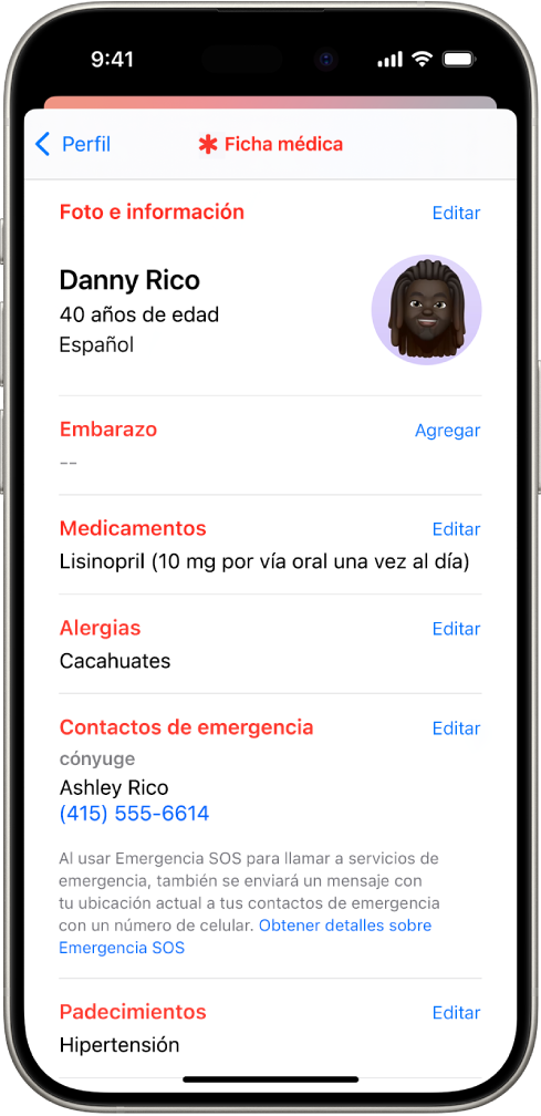 Pantalla de la ficha médica que contiene información como la fecha de nacimiento, medicamentos, alergias, contactos de emergencia y padecimientos médicos.