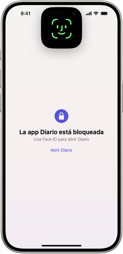 Una pantalla que solicita usar Face ID para desbloquear el diario.