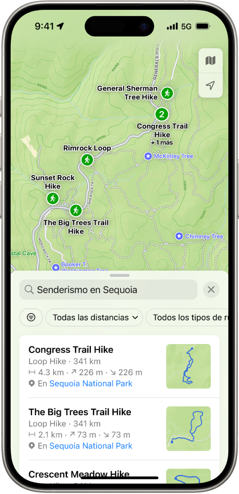 La app Mapas mostrando resultados para una búsqueda de rutas de senderismo en un parque nacional.