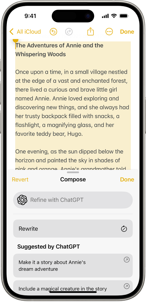 Un iPhone mostrando texto en la app Notas. En la parte inferior de la pantalla se encuentra el cuadro de diálogo Redactar con las herramientas de escritura, que incluye opciones para describir un cambio, reescribir, elegir las sugerencias de ChatGPT y más.