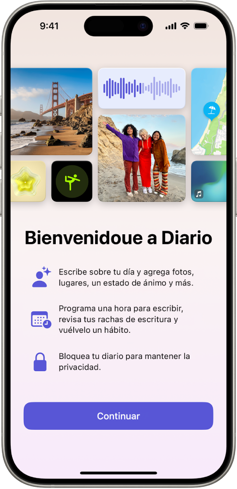 La pantalla de bienvenida de la app Diario.