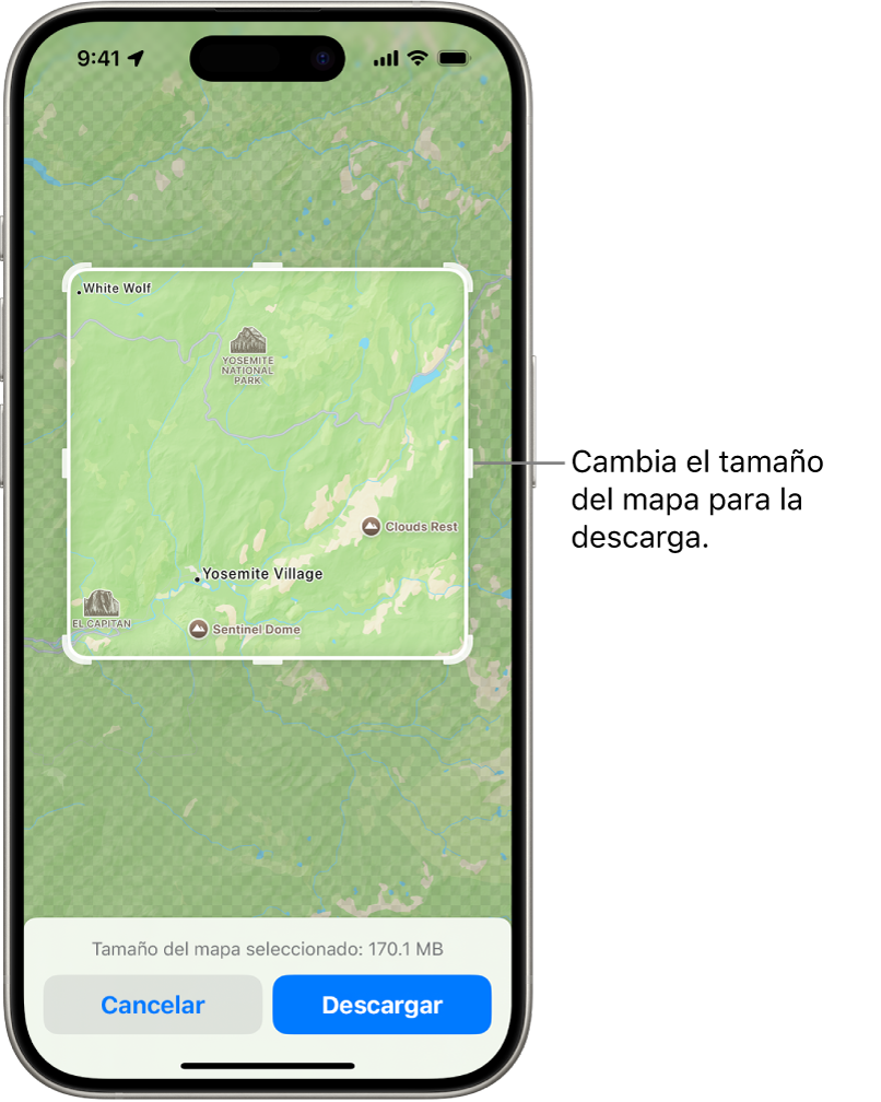 Un mapa de un parque nacional. El parque está dentro de un rectángulo con manijas, las cuales se pueden mover para cambiar el tamaño del mapa a descargar. El tamaño de descarga del mapa seleccionado se indica cerca de la parte inferior de este. En la parte inferior de la pantalla se muestran los botones Cancelar y Descargar.
