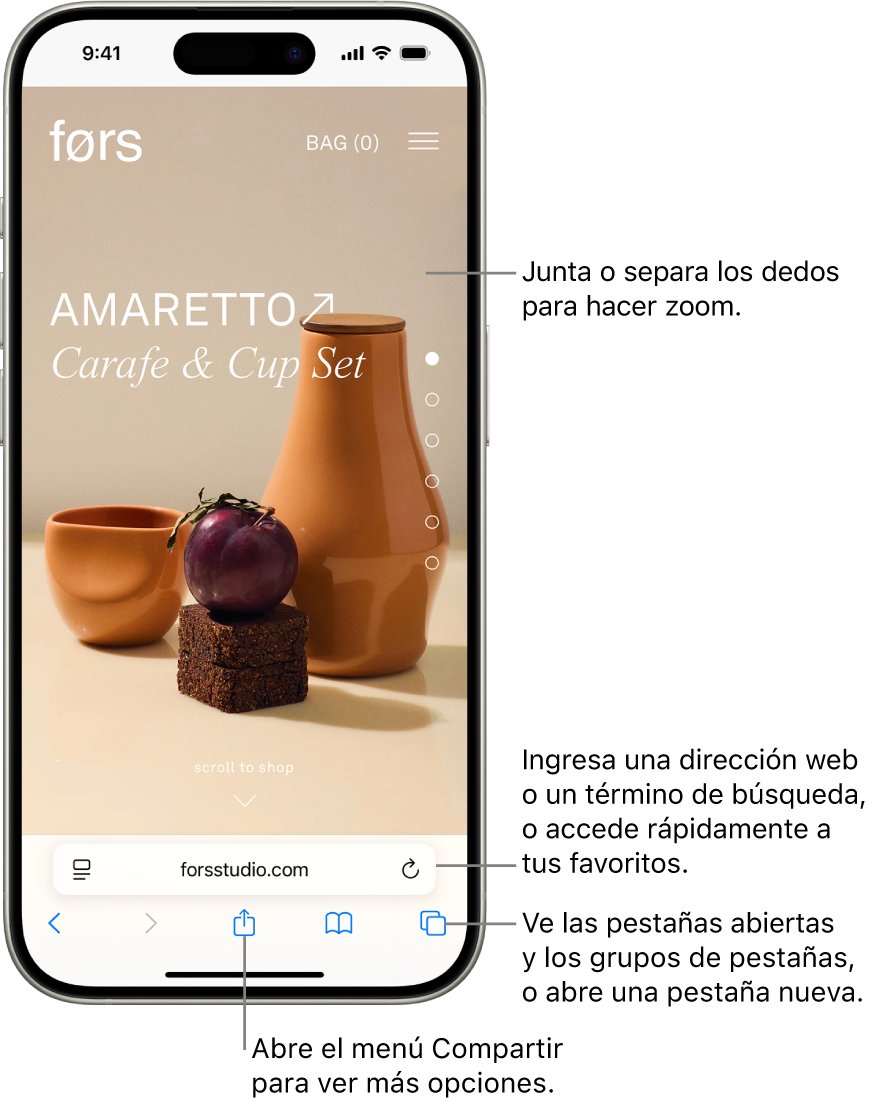 Un sitio web abierto en Safari con el campo de dirección en la parte inferior. A lo largo de la parte inferior, de izquierda a derecha, se encuentran los botones Atrás, Adelante, Compartir, Marcadores y Pestañas.
