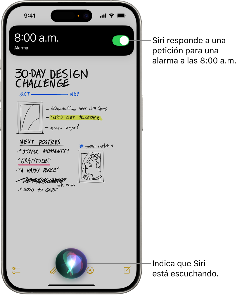 La pantalla de un iPhone. Cerca de la parte superior de la pantalla hay una notificación de la app Reloj que indica que hay una alarma activada para las 8:00 a.m. En la parte inferior, hay un ícono que indica que Siri está escuchando.