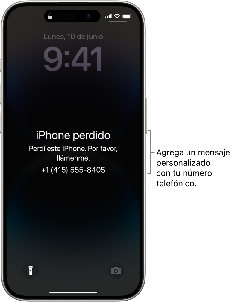 La pantalla bloqueada con el mensaje de un iPhone perdido. Puedes agregar un mensaje personalizado con tu número telefónico.