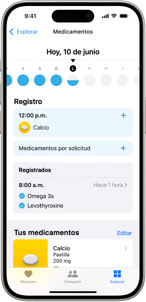 La pantalla de Medicamentos en la app Salud mostrando una fecha y un registro de medicamentos.