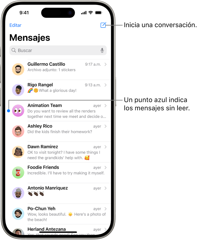 La lista de conversaciones de Mensajes con el botón Redactar en la parte superior derecha. Un punto azul a la izquierda del mensaje indica que no se ha leído.