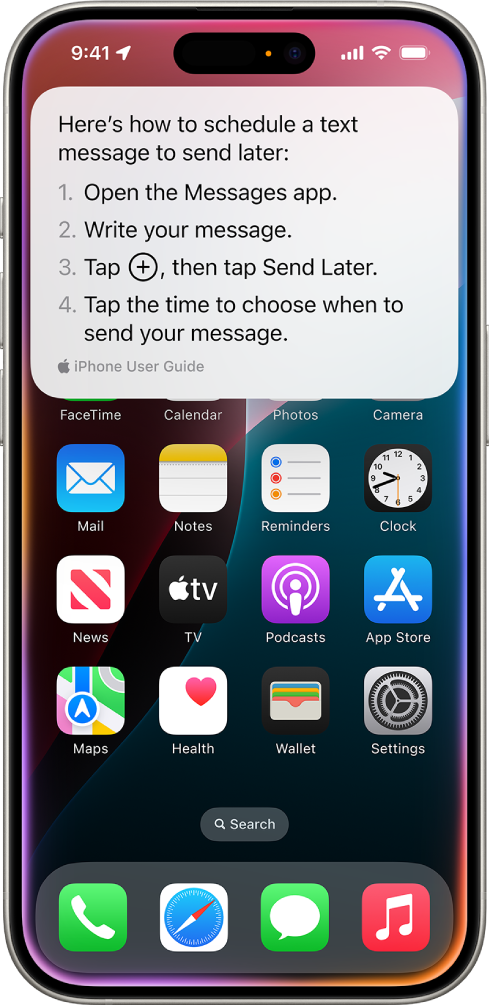 La pantalla de inicio del iPhone mostrando los pasos proporcionados por Siri para programar un mensaje de texto para enviarlo más tarde.
