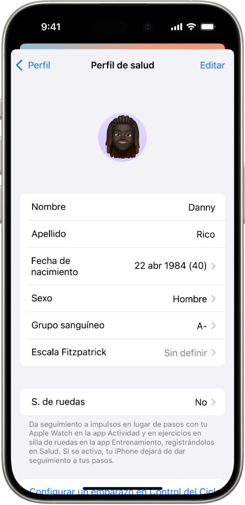 La pantalla Perfil de salud, que incluye campos para el nombre, la fecha de nacimiento, el grupo sanguíneo y otros tipos de información.