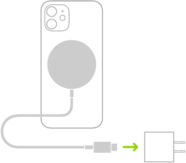 Ilustración que muestra un extremo del cargador MagSafe conectado a la parte posterior del iPhone y el otro extremo conectado a un adaptador de corriente.