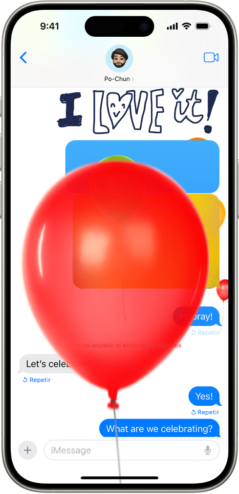 Animación a pantalla completa de globos con los botones Repetir debajo de los mensajes que se han enviado con los efectos.