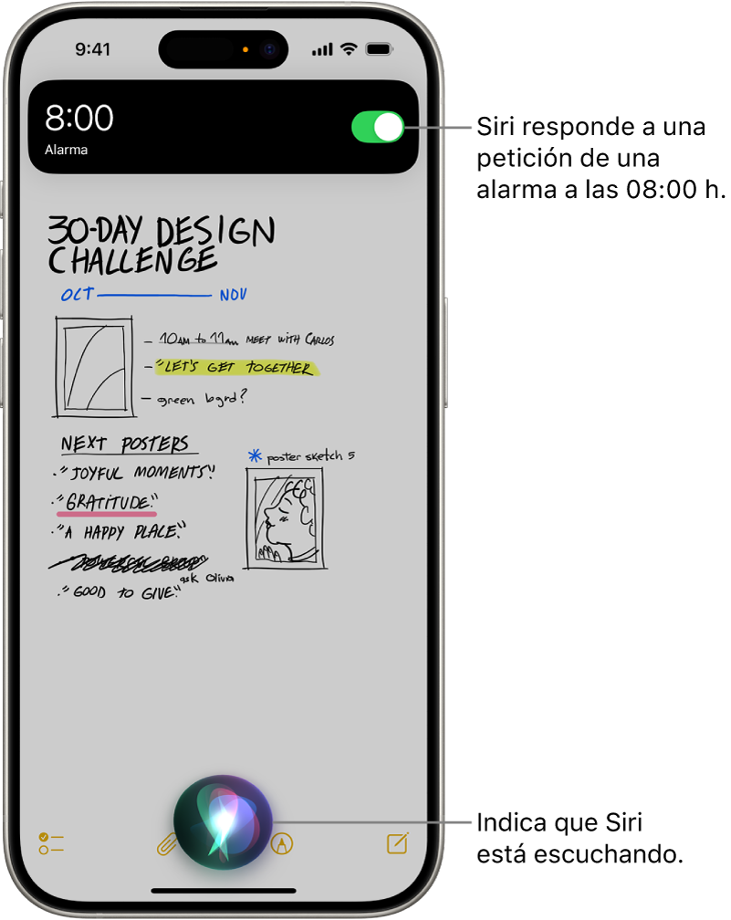 Una pantalla del iPhone. Cerca de la parte superior de la pantalla, una notificación de la app Reloj muestra que se ha programado una alarma para las 8 de la mañana. Un icono en la parte inferior de la pantalla indica que Siri está escuchando.