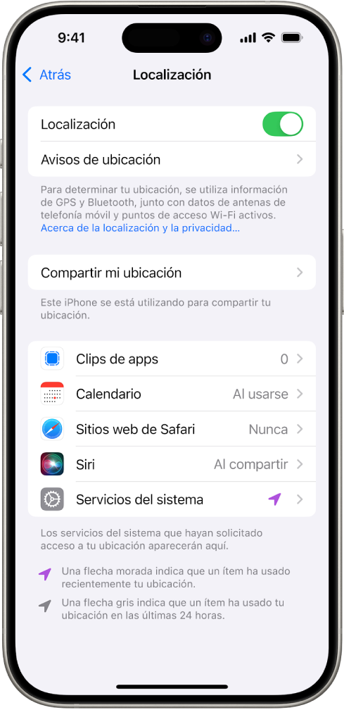 La pantalla Localización con ajustes para compartir la ubicación de tu iPhone con apps.