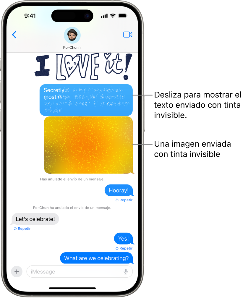 Vista previa de un mensaje con el efecto “Tinta invisible”.