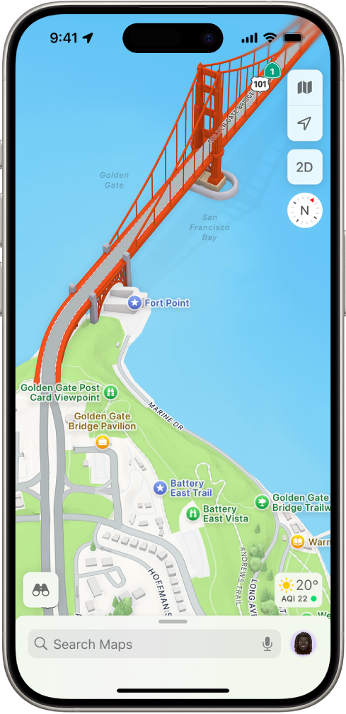 3D tänava- ja pargikaardil kuvatakse puid, huvipunkte ning selliseid kohti nagu tualetid.