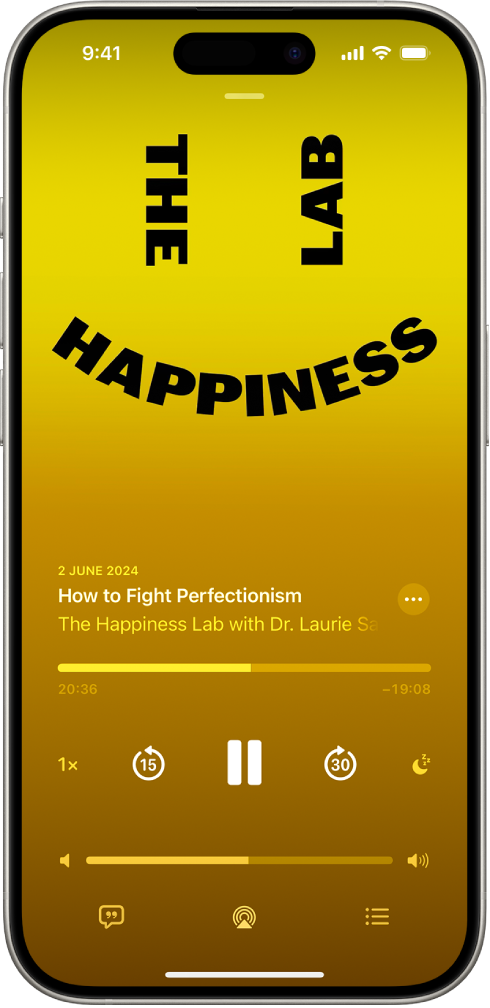 Rakenduse Podcasts kuva Now Playing, kus on podcasti kaas, jao pealkiri, taasesituse juhtnupud ning helitugevuse liugur. Ekraani allservas on ikoon AirPlay ning nupp Playing Next.