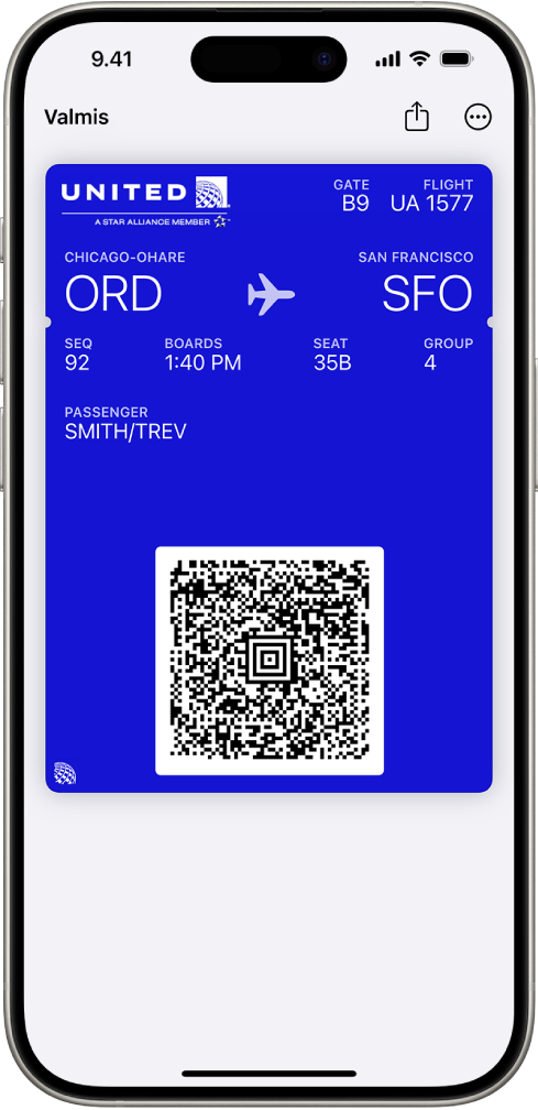 Tarkastuskortti Lompakko-apissa näyttää lennon tiedot sekä QR-koodin alareunassa.