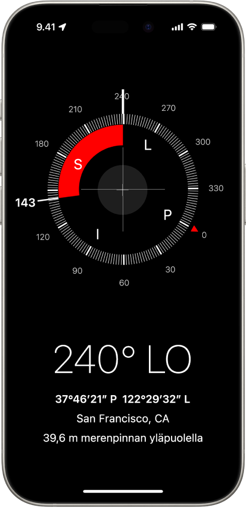 Kompassi-näyttö, jossa näkyy, mihin suuntaan iPhone osoittaa, nykyinen sijainti ja korkeus merenpinnasta.