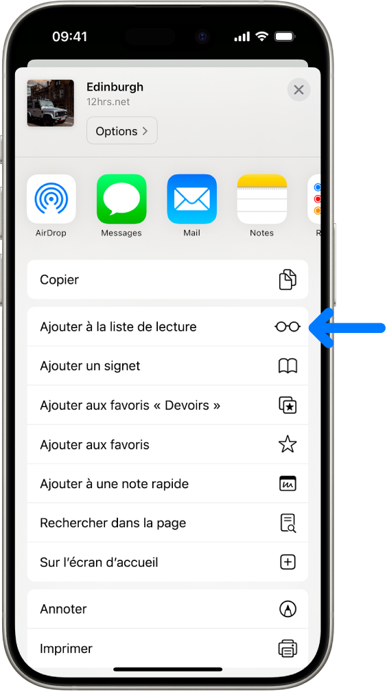 Dans Safari, l’utilisateur a touché le bouton Partager sur une page web, ce qui affiche une liste d’options, comme Ajouter à la liste de lecture.