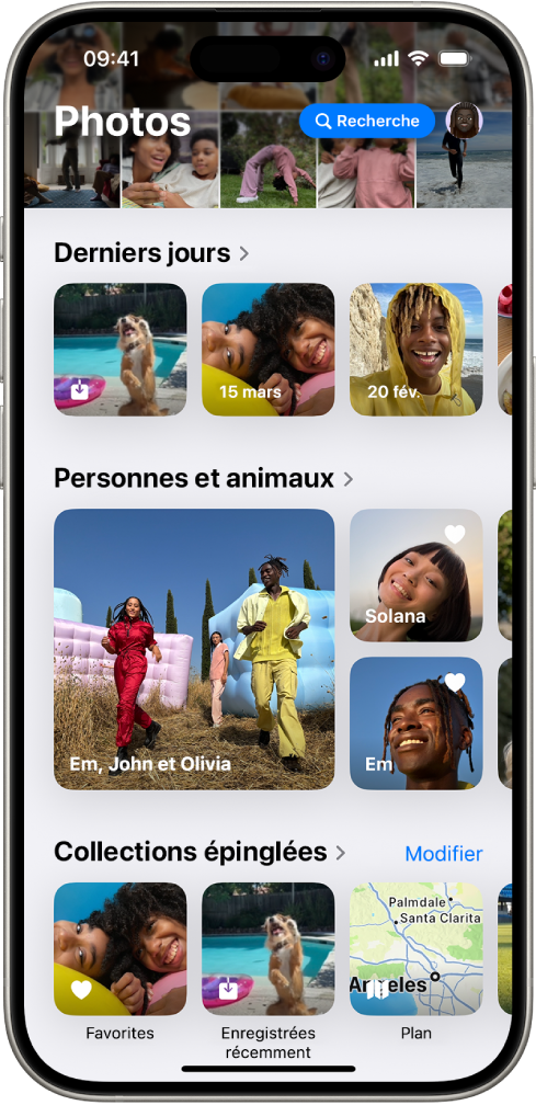 L’app Photos est ouverte. Le haut de l’écran montre la photothèque sous forme de grille. En bas de l’écran se trouvent la collection « Derniers jours », la collection « Personnes et animaux » ainsi que les collections épinglées.