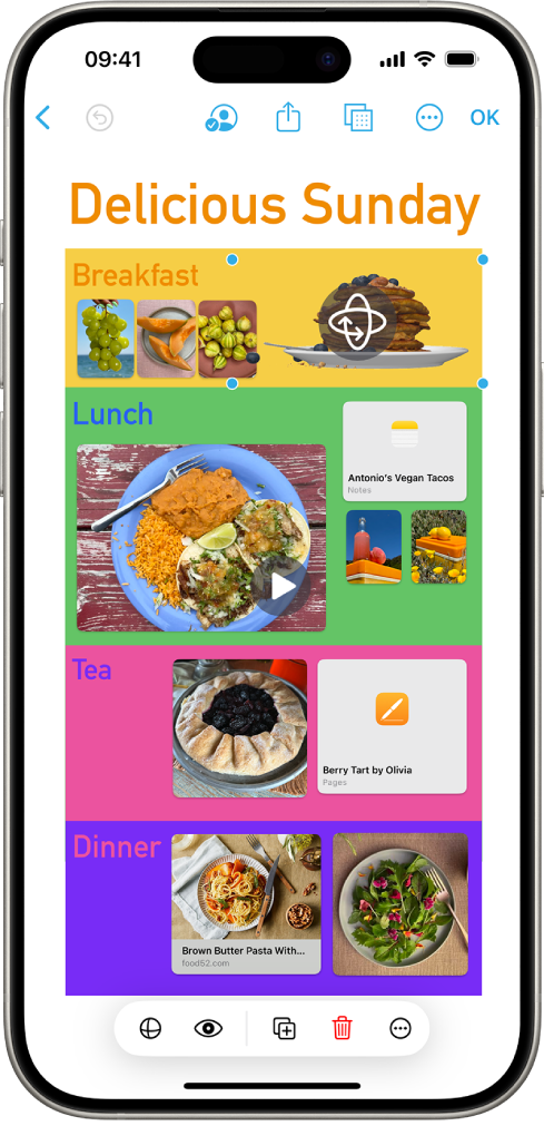Un tableau Freeform avec plusieurs fichiers insérés : un fichier d’image 3D, un lien, une vidéo, des autocollants et une photo. Le fichier d’image 3D est sélectionné et son bouton de rotation et ses outils de mise en forme sont visibles.