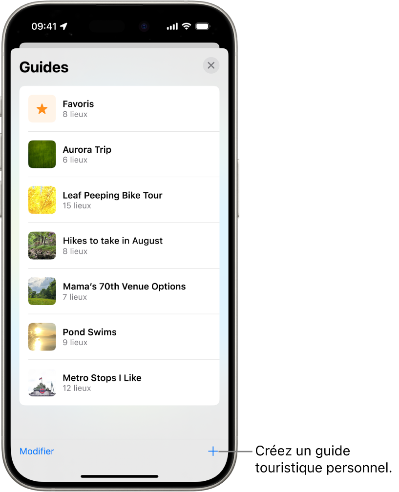 La liste de plusieurs guides personnalisés dans Plans, avec une catégorie Favoris et le bouton « Nouveau guide » en bas à droite.