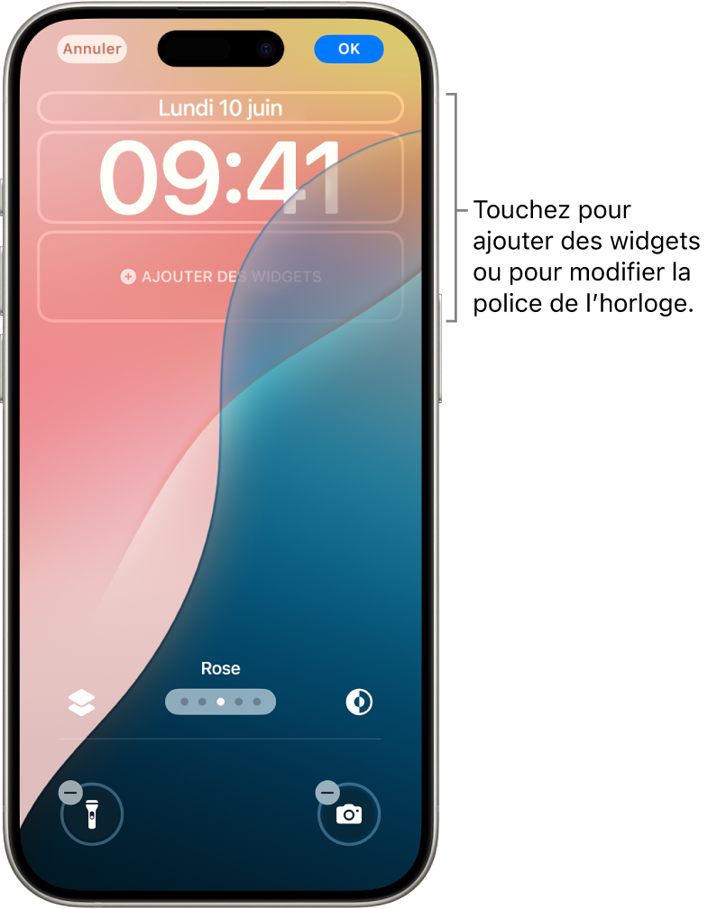 Un écran verrouillé personnalisé en cours de modification. Plusieurs éléments personnalisables sont sélectionnés : la date, l’heure, ainsi qu’un bouton permettant d’ajouter des widgets.