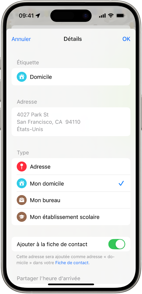L’app Plans affichant l’écran des détails avec des options permettant de définir une adresse de domicile, de travail ou d’établissement scolaire.