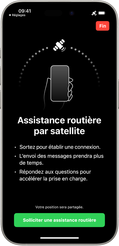 L’écran « Assistance routière par satellite ». Le bouton « Solliciter une assistance routière » apparaît au bas de l’écran.