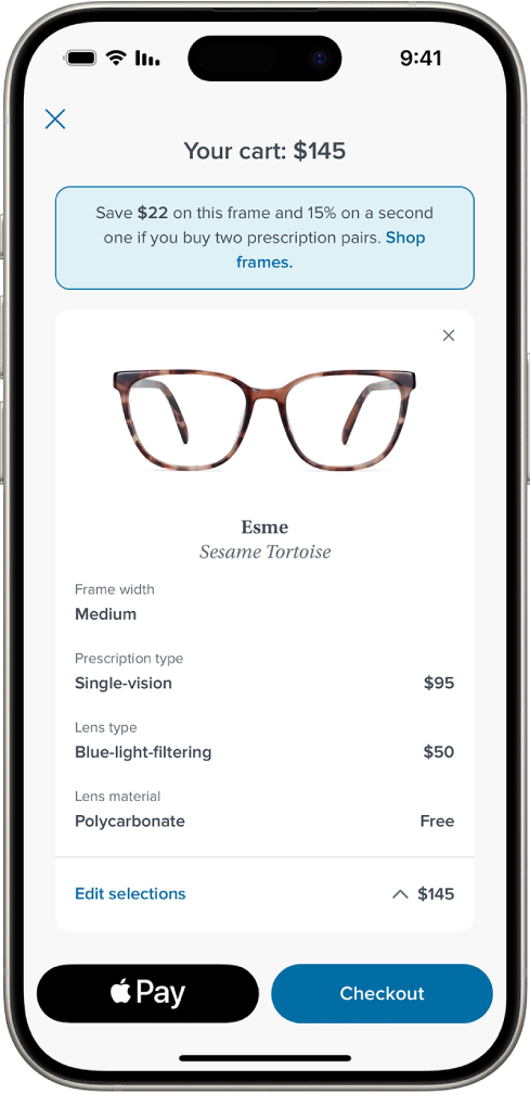 עגלת הקניות של יישום עם המחיים של פריטים נבחרים. הכפתור Apple Pay מופיע למטה מימין.