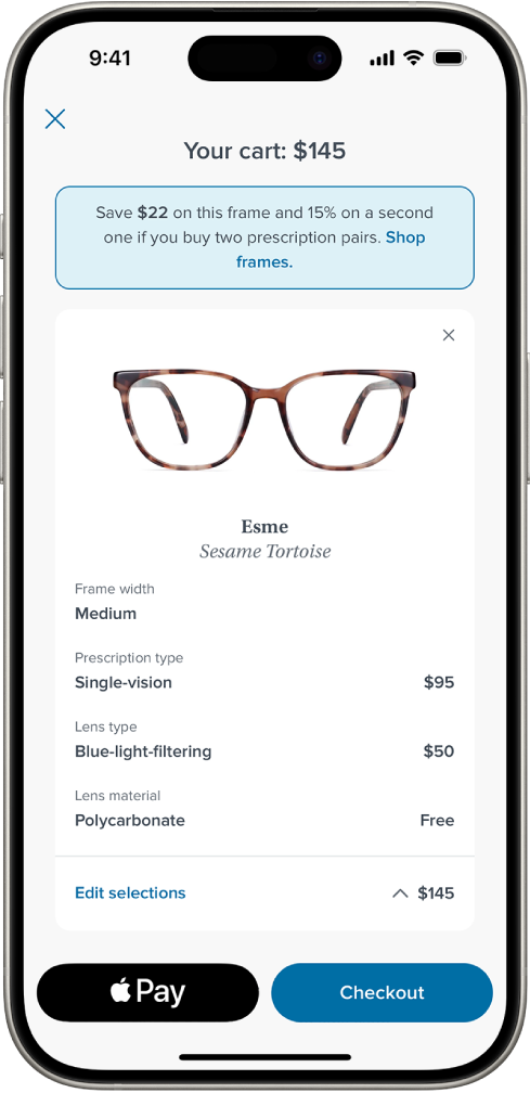 चयनित आइटम की क़ीमतें दिखाने वाले ऐप की शॉपिंग कार्ट। Apple Pay बटन सबसे नीचे बाईं ओर है।