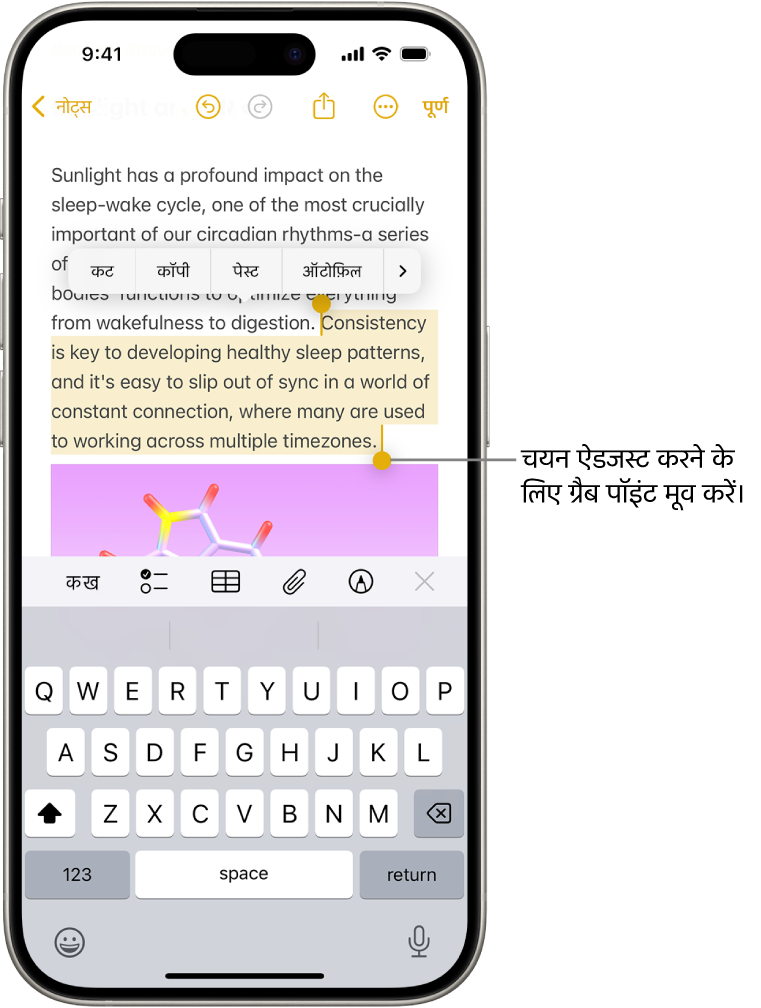 टेक्स्ट का नोट्स ऐप में किसी नोट में चयन किया जा सकता है। चयनित टेक्स्ट के ऊपर कट, कॉपी, पेस्ट और ऑटोफ़िल बटन मौजूद हैं। चयनित टेक्स्ट हाइलाइट किया जाता है और दोनों छोर पर चयन को ऐडजस्ट करने के लिए ग्रैब पॉइंट भी दिए जाते हैं।