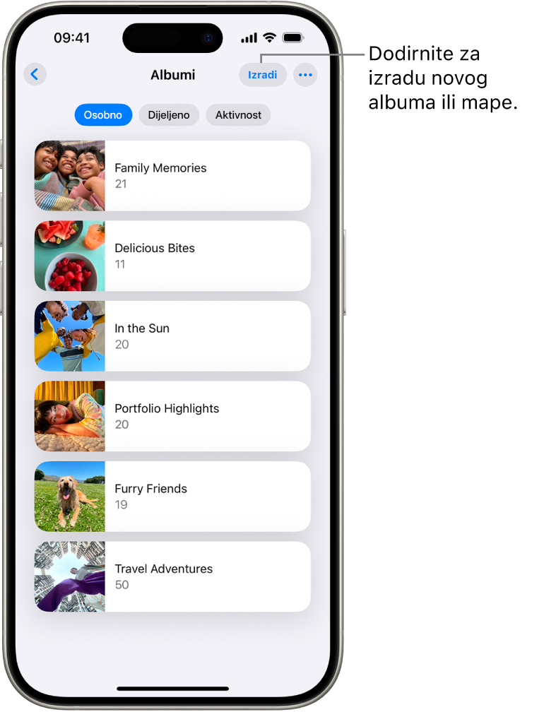 Albumi su otvoreni u aplikaciji Foto. Kartica Osobno je odabrana, a ispod nje se nalazi popis albuma.