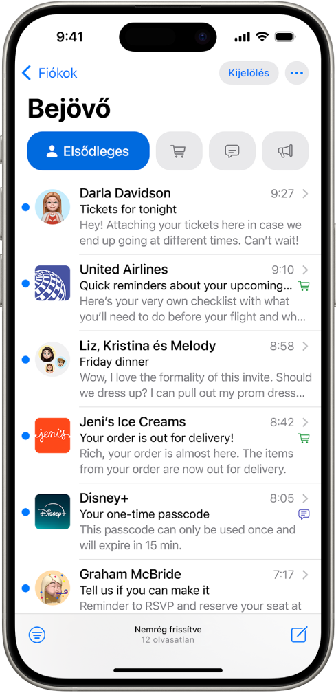 A Bejövő postafiók a Mailben az Elsődleges üzenetek listájával.