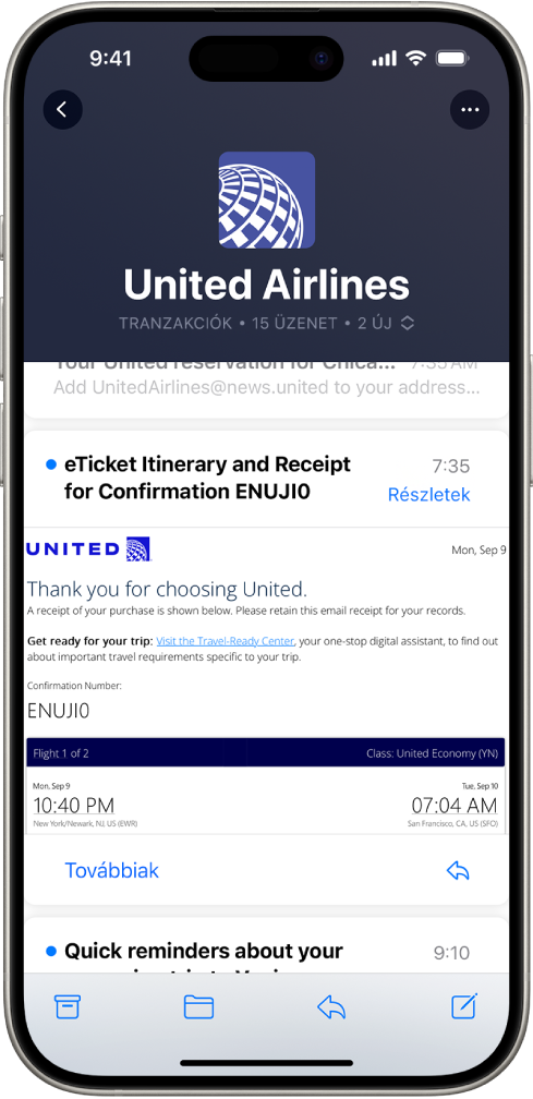 Egy feladó üzenetlistája a Tranzakciókban.